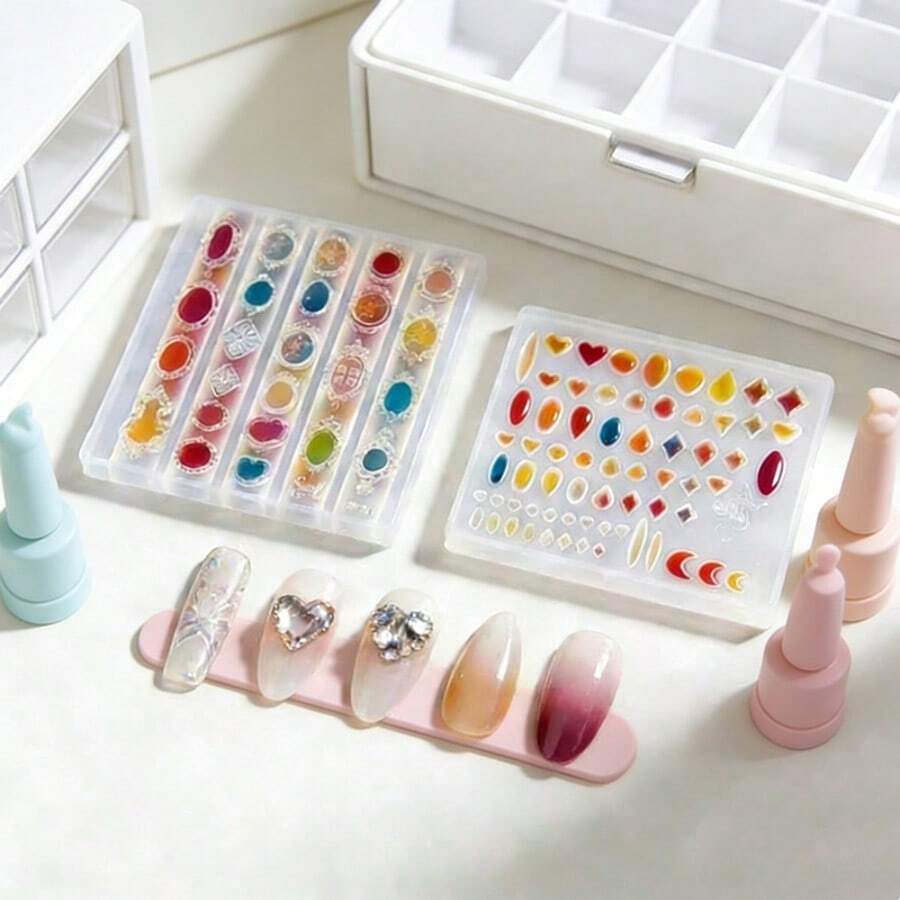 1pc 3D Transparent Heart-Shaped & Photo Embossed Nail Art Mold, High Transparency Reusable Rhinestone & Water Drop Template, DIY Nail Polish Gel Filling Moon & Oval Mold, Nail Art Decoration Board - Multicolor - View 1