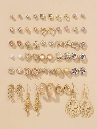 30对可爱优雅的女士耳环套装，花朵、蝴蝶结、水钻等多种颜色组合，适合日常、休闲、派对、节日等场合，也是一份贴心的礼物。