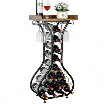 Wine Rack Freestanding Floor Mini Bar Table Wine Holder Stand Liquor Cabinet With Glass Holder Wood Tabletop 14 Bottles Floor Wine Storage For Home Bar Kitchen Living Room