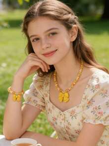 3件套女孩公主蝴蝶结首饰套装，弹力项链、手链、戒指，装扮配饰，派对礼物 - 橘色 - 查看 1