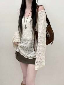 2026春秋新款露肩长袖针织衫，女士度假夏季款 - 杏色 - 查看 3