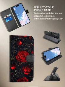 Dark Night Red Roses With Golden Vine Retro Style Pattern, Premium Durable Flip Card Wallet Phone Case, Gothic Romantic Folio Case With Magnetic Clasp, For Halloween, Anniversary Gifts And Women Who Adore Bold Colors & Classic Florals, Compatible With IPhone 17 Pro Max, 17 Pro, 17 Air, 17, 16, 15, 14 Plus, 13, 12 Pro Max, 11, Features Foldable Stand And Credit Card Slots, Waterproof, Shockproof, Drop-Resistant, Scratch-Proof, Full Body Protection. - Black - View 1