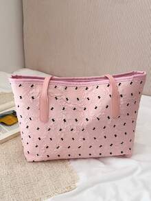 1pc Pink Spring New Metal Bow Decor Large Capacity Nylon Tote Bag, Women Shoulder Bag - Pink - View 4