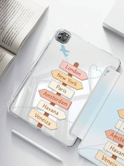 1pc Cute Cartoon Airplane & Heart Letter Double-Sided Acrylic Transparent Crystal Back Cover, Shock-Resistant And Durable, Suitable For IPad 7th, 8th And 10th Generation (10.2 Inch). It Has A Built-In Pen Slot And Supports Sleep/Wake Function. An Ideal Gift For Halloween And New Year.