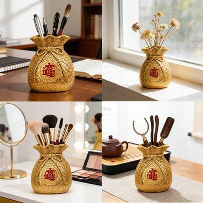 1pc Chinese Style Decorative Coin Storage Box - Gold Coin Collection Bag, Home/Cafe/Bar Decor - Traditional Design, Wealth Attracting Money Bag Pen Holder, Can Be Used As Vase, Tea Canister, Piggy Bank, Retro Chinese Style Desktop Organizer, Makeup Brush Holder