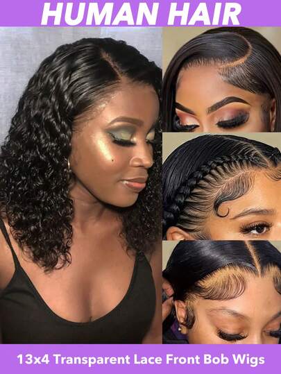 Tóc giả đen xoăn thời trang với kiểu tóc bob ngắn xoăn 13x4 | Tóc giả ren phía trước bằng tóc người, kiểu sóng sâu, tóc Remy Brazil đã được tỉa sẵn, dành cho phụ nữ da đen, mật độ 150%, màu đen tự nhiên, dài 8-16 inch.