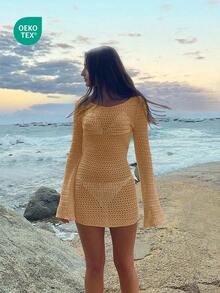 Women's Solid Color Sexy Hollow See-Through Backless Design Long Sleeve Coverup Crop Dress, Suitable For Beach Vacation, Spring/Summer White - Camel - View 13