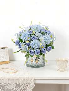 Buquê de hortênsias artificiais bordadas em seda, 1 peça, 29 cm (11,41 polegadas), rosas artificiais de chá para vaso de casamento na primavera, decoração de casa, sala de jantar, quarto, feriados, festa de aniversário, jardim externo, presente de Dia dos Namorados, decoração de baile de formatura. - Azul - Ver 5
