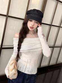 女士夏季露肩Y2K复古风长袖修身抓绒针织衫，优雅休闲甜美简约性感破东风纹理针织上衣，适合日常休闲、约会、周末聚会、返校季、街头时尚百搭上衣 - 杏色 - 查看 5