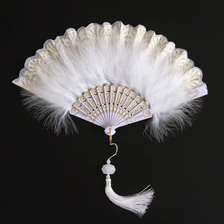 Lolita New Classical Folding Fan Internet Celebrity Retro Style Dance Cheongsam Show Palace Fan Fairy Girl Feather Fan - Màu trắng tinh tế - Xem 1