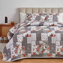 Patchwork Quilt Set Full/Queen Size 3 Pieces Grey Floral Plaid Summer Bedspread Coverlet Set Soft Microfiber Reversible Lightweight Bed Cover for All Season 90" x 90" 1 Quilt+ 2 Pillow Shams - Gris - Ver 4
