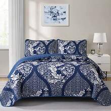 Navy Quilt Set King Size Boho Damask Bedspread Coverlet Set Soft Lightweight Luxury Classical Bedding Set 3 Pieces for All Season 104"x90" - Azul Marino - Ver 1