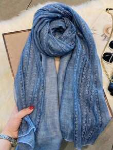 1pc Women's Linen Solid Color Lace Trim Scarf,Beach,Holiday - Blue - View 4