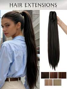 24-Inch Long Straight Synthetic Hair Ponytail, Vacation-Inspired Women's Summer Hairstyle, Gold Tone Hair Claw Clip - Black Brown - View 3