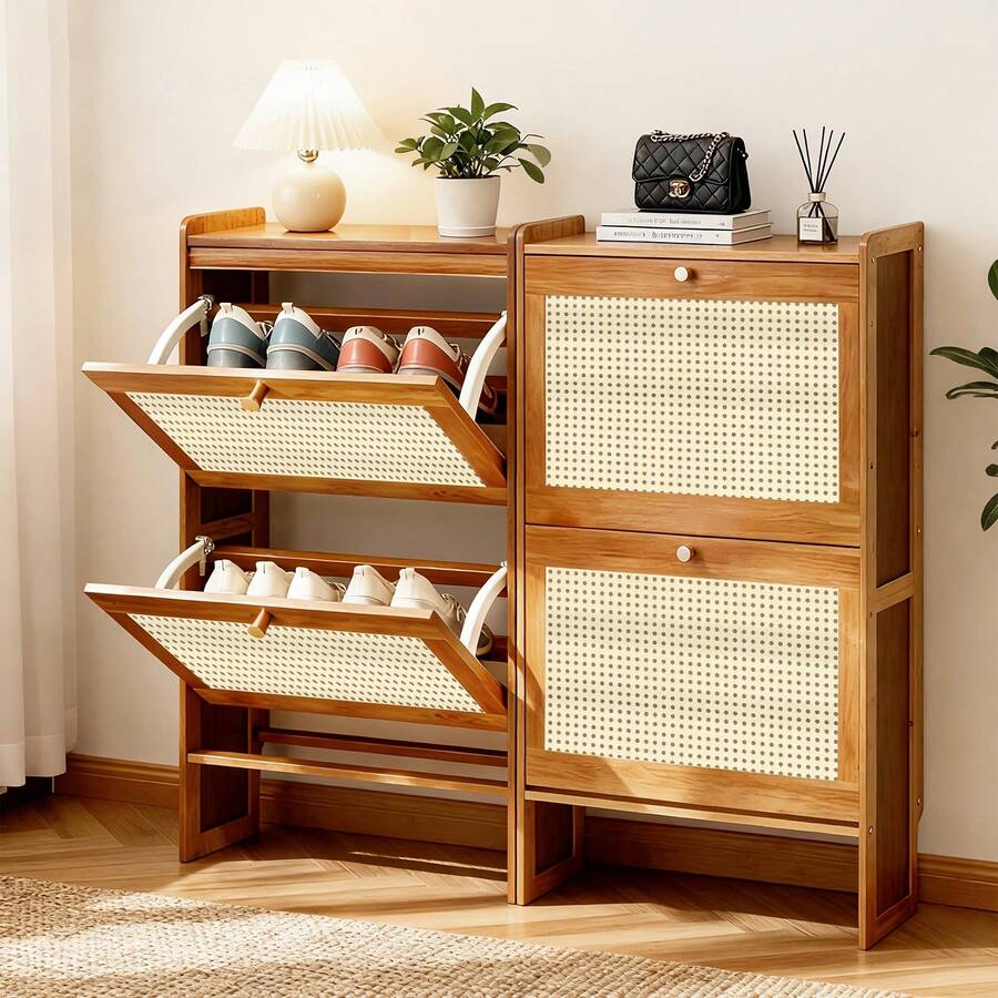 Slim Flip Top Shoe Cabinet, Bamboo Shoe Rack With Raised Base, Modern 2-Tier Shoe Storage For Entryway & Front Door - 2門 - 查看 1