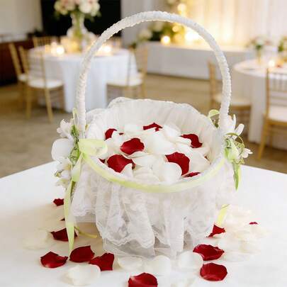 Wedding White Lace Flower Girl Basket With Ribbon & Floral Accents For Wedding Petal Tossing