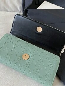 Quilted Green Long Wallet, Ultra-Thin Portable, Cash, Office Lady, Women, College, Business, Commute, Office, Anniversary, Valentine's Day Gift, Black Gift - Black - View 9