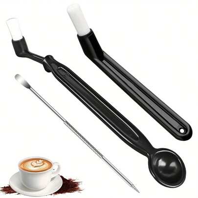 Coffee Machine Cleaning Brush Set, 2 Espresso Cleaner Brushes Tool And 1 Coffee Art Stencils Pen, Group Head Brush With Spoon, Small Nylon Stainless Steel Bristles Brush For Grinders Coffee Machine Cleaning Accessories