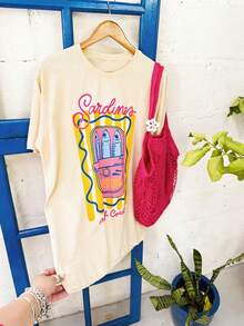 Áo thun ngắn tay in hình cá mòi dễ thương cỡ lớn, dáng suông, cổ tròn, thích hợp mặc mùa hè. - Màu be - Xem 3