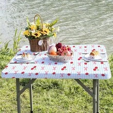 1件蓝色格子背景桌布，粉色蝴蝶结樱桃图案，粉色蝴蝶主题派对桌布，防水涤纶面料，适合室内外使用，生日派对装饰，新娘送礼会，婴儿送礼会，性别揭晓派对，派对桌布 - 蝴蝶結櫻桃 - 查看 8