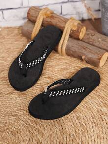 Women's Fashion Pearl Decorated Flip Flops, Casual Beach Sandals For Holiday - Black - View 6