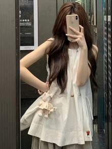 [Y6Y] 女士夏季无袖背心，圆领腰部串珠抽绳设计，适合温柔风格 白色 - 白色 - 查看 4