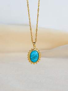 1pc Vintage Tiger Eye Gemstone Pendant Copper Necklace, Oval Sunburst Heart Rhinestone Plated Gold Stainless Steel Chain, Suitable For Women's Daily And Festival Wear Or Jewelry Gift - Gold + Royal Blue - View 11