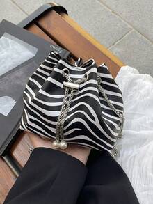 Zebra Print Fashion New One Shoulder Diagonal Handbag, Briefcase, Office Commute Bag, Drawstring Bucket Bag, Minimalist Stylish Metal Chain Shoulder Bag - Multicolor - View 10