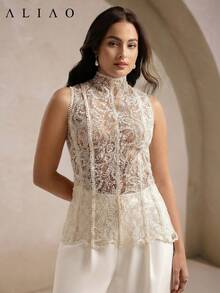 Aliao 大码优雅佩斯利刺绣透视无袖背心，网纱拼接，性感女式上衣，夏季穿搭，适合通勤、度假、浪漫婚礼季、情人节、优雅女士、海滩装扮、感恩节装扮、毕业典礼、返校季、节日装扮 - 杏色 - 查看 3