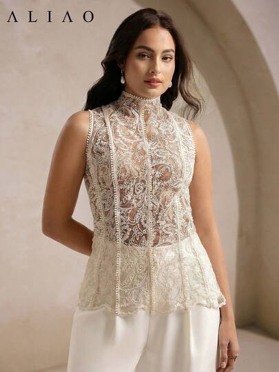 Áo tank top không tay xuyên thấu thêu họa tiết Paisley cỡ lớn Aliao, phối lưới, kiểu dáng gợi cảm dành cho nữ, trang phục mùa hè, phù hợp cho đi làm, nghỉ mát, mùa cưới lãng mạn, ngày Valentine, các quý cô thanh lịch, trang phục đi biển, trang phục Lễ Tạ ơn, lễ tốt nghiệp, tựu trường, trang phục ngày lễ.