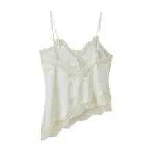 MUMRAP Áo hai dây nữ màu trơn phối ren bất đối xứng, kiểu dáng thanh lịch, rộng rãi, hở lưng, không tay, màu trắng, thích hợp cho mùa hè. - trắng - Xem 5