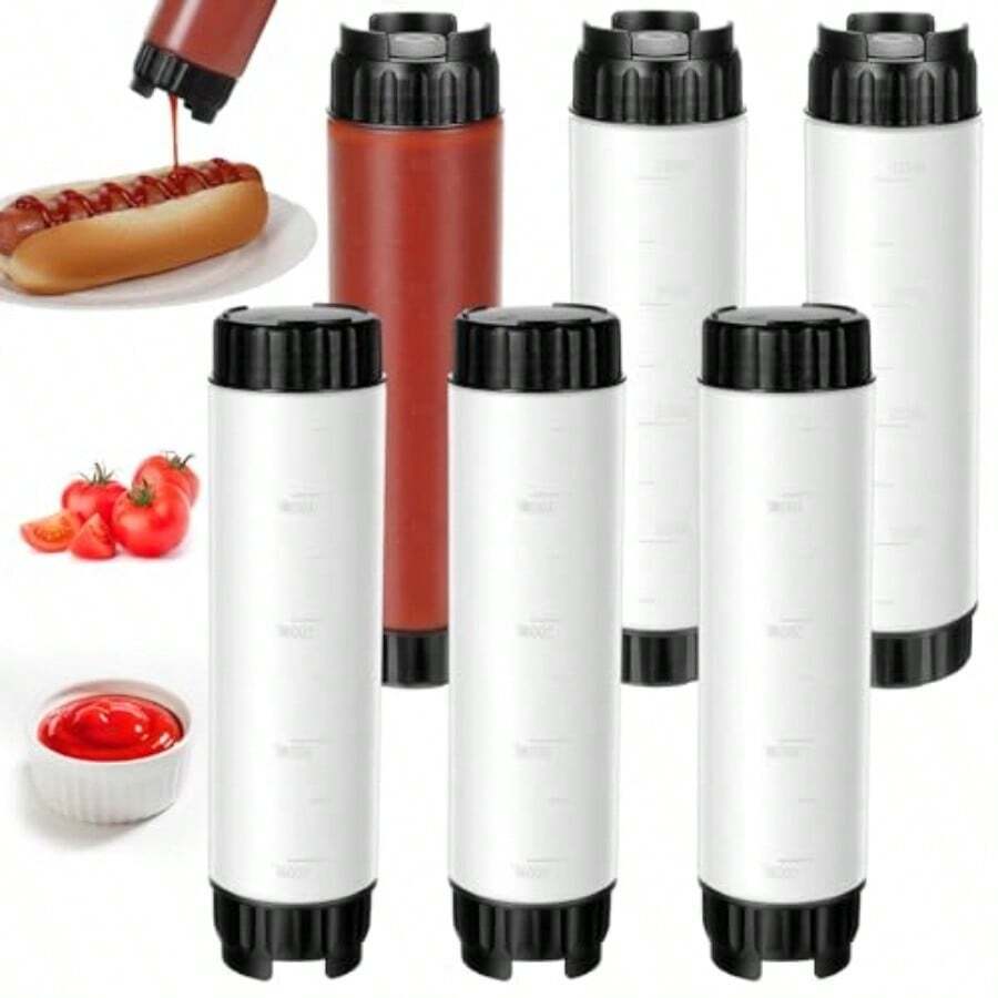 6 Pcs Inverted Ketchup Squeeze Bottle 16 Oz Refillable Condiment Squeeze Bottles Plastic Sauce Bottles Squeezes Tip Large Valve Dispenser For Restaurants Food Trucks Pancake Salad Squirt Black - 半透明,黑色蓋子 - 查看 1
