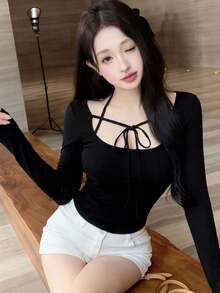 新款性感露肩修身短款上衣，袖口系带，适合春夏穿着 - 黑色 - 查看 4