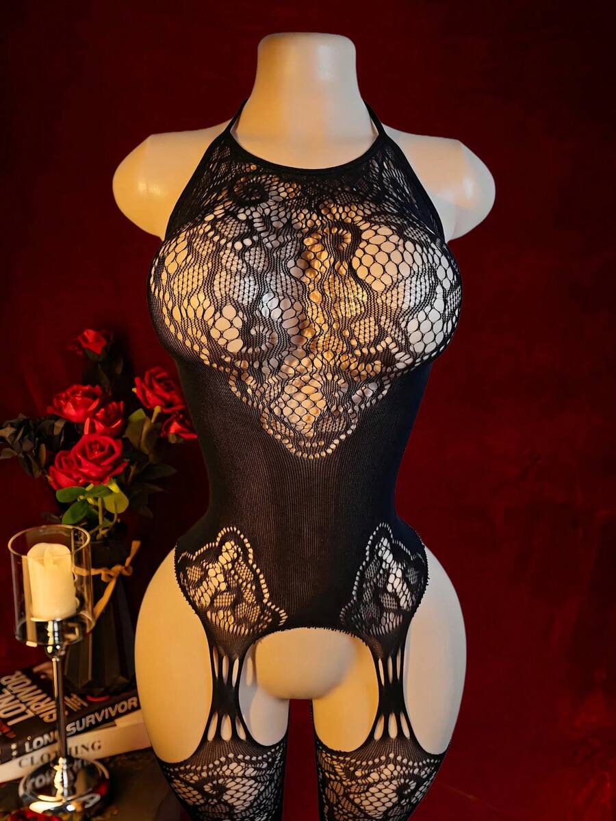 Semi-Sheer Jumpsuit With Spaghetti Straps, Sexy Spaghetti Strap Neckline With Delicate Knitted Lace Print Details - Black - View 1