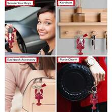 Lobster Keychain - Red Sparkling Rhinestones Charm With Tassel Fashionable Stylish Polyester PU Ocean Life Key Ring Bling Jewelry Accessory With Clasp For Key Chain Bag Purse Backpack - 如圖所示 - 查看 3