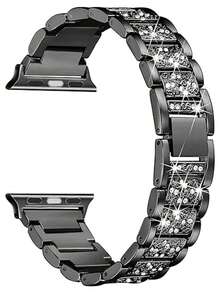 1件闪亮时尚珠宝黑色金属表带，男女通用，兼容 38mm 40mm 41mm 42mm 45mm 46mm 49mm，Series 10/9/8/7/6/5/4/3/2/1/SE/Ultra，可调节表带，钻石不锈钢金属表带。 - 黑色 - 查看 13