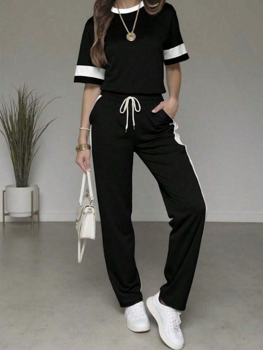2pcs/Set Women's Casual Matching Contrast Color Round Neck Short Sleeve Top And High Waist Drawstring Straight Leg Pants, Spring/Summer - Black - View 1