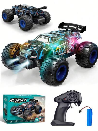 1辆高速2.4G遥控怪兽卡车，带LED灯、逼真轮胎、可充电锂电池、全地形、2.4GHz遥控器、耐用PVC外壳、塑料材质、遥控器，是青少年和初学者的理想礼物，2.4G遥控越野车，可变形玩具，适合5-6-7-9岁及以上男孩/女孩，生日礼物、周年纪念礼物、开学奖励、学期末惊喜。