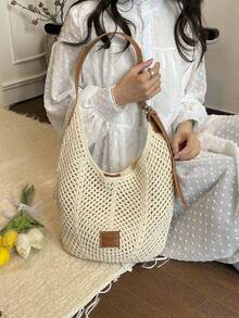 New Minimalist Woven Large Tote Bag For Women - Brown - View 2