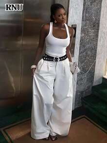 RNU 女士白色方领无袖上衣，性感休闲，通勤百搭，高弹柔软条纹针织面料，适合情人节、返校季、万圣节、节日派对、春、夏、秋、冬四季穿着，新款吊带背心 - 白色 - 查看 7