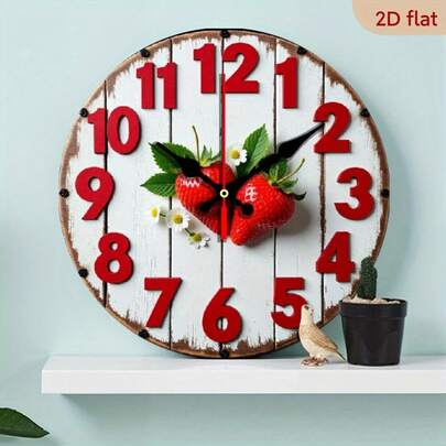 1pc 2D Vintage Strawberry Floral Silent Wooden Wall Clock 10in, Quartz Non-Luminous, AA Batteries Not Included, Wall Decor For Home & Coffee Shop,Birthday Gifts,Valentines Gift,Graduation,Mother Giftsr,Room Deocr,Wall Deoc,Home Essentialsdecor