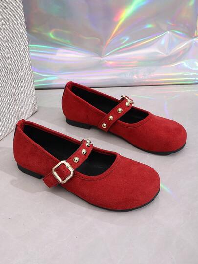 2026春季新款时尚女式麂皮玛丽珍鞋，金色铆钉方扣，软底圆头平底鞋，法式圆头浅口复古设计