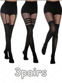 3 Pairs Sexy Hollow Dance Tights, Dense Mesh Stockings, Nightclub Queen Black Silk Sensual Fishnet Pantyhose - Multicolor - View 11