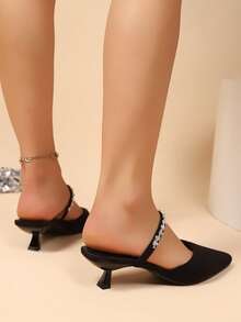 2025 New Rhinestone Embellished Pointed Toe Mule Slippers, French Elegant High Heels For Women - Black - View 6