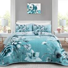 Blue Floral Quilt Set Queen 3 Pieces Boho Flower Quilt Coverlet Set Soft Microfiber Lightweight Floral Quilted Bedspread with 2 Pillow Shams for All Season 90"x96" - Agua - Ver 2