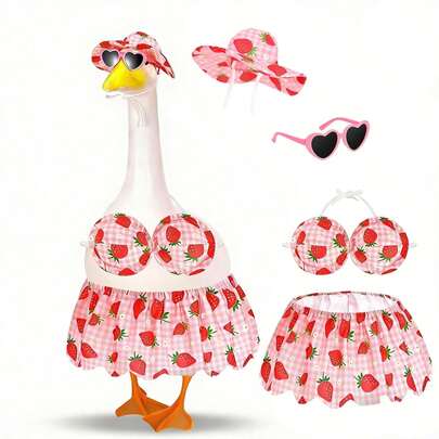 门廊鹅比基尼夏季套装 23 英寸夏威夷水泥鹅雕像草坪塑料鹅花园庭院派对装饰，水泥雕像户外露台花园庭院草坪服装装饰