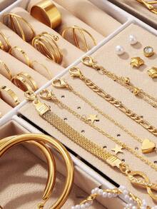 Conjunto de joyería metálica asimétrica para mujer, que incluye collar, aretes, anillo, pulsera y tobillera - Amarillo Oro - Ver 10