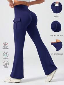 High Waist Slim Fit Flared Yoga Pants With Pockets, Casual Sports Trousers For Women Spring - Navy Blue - View 2