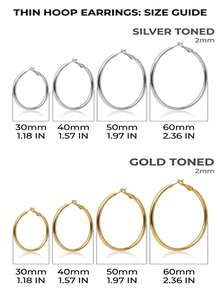 1对316L不锈钢2毫米粗圈耳环（30毫米/40毫米/50毫米/60毫米），防水不褪色金银色圆形耳环，低过敏性日常必备首饰/耳环，女士耳环，耳环，女士耳环 - 金黃色 - 查看 3