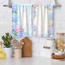 2pcs Hydrangea Printed Dish Towels, Super Absorbent Microfiber Cleaning Cloths, Machine Washable, Suitable For Holiday Decoration, Cooking, Baking, Housewarming Gifts And Cleaning Supplies, Fit For Kitchen, Bathroom, Toilet - Multicolor - View 2